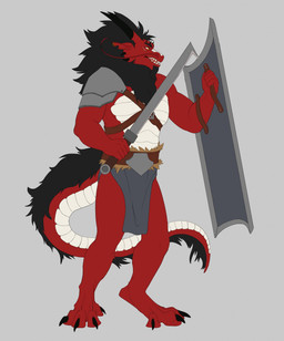 anthro armor bottomwear claws clothed clothing hair holding_object holding_weapon horn loincloth male melee_weapon muscular muscular_anthro muscular_male piercing red_body scales shield simple_background solo standing sword tail weapon mordorinka mythology dragon mythological_creature mythological_scalie scalie hi_res