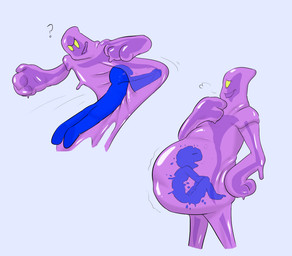 absorption_vore belly big_belly biped blue_body duo male not_furry purple_body question_mark simple_background smile soft_vore standing three-quarter_view translucent translucent_body vore white_background willing_prey da~blueguy big_hero_6 disney blue_guy_(da~blueguy) globby_(big_hero_6) goo_creature humanoid 2024 digital_drawing_(artwork) digital_media_(artwork) hi_res restricted_palette shaded simple_shading
