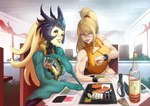 alcohol arm_fin beverage blush bottle chopsticks container crown date dating dinner dinner_date duo female female/female fin food head_fin headgear jewelry markings meat mole_(marking) muscular necklace sashimi scales split_form sushi apocalipsejack league_of_legends metroid nintendo riot_games tencent nami_(lol) samus_aran animal_humanoid human humanoid mammal marine merfolk scalie scalie_humanoid hi_res