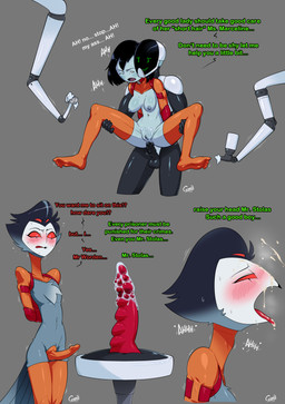 anal anal_penetration anthro black_hair blue_body blue_skin blush bodily_fluids breasts cum cum_on_face dildo feathers female femboy forced genital_fluids genitals grey_background hair latex machine male multi_eye open_mouth penetration penis prison prison_uniform prisoner rape red_sclera sex sex_toy simple_background sweat tail tail_feathers text vulva white_body gmil adventure_time cartoon_network hellaverse helluva_boss marceline_abadeer stolas_(helluva_boss) avian bird demon humanoid owl owl_demon robot robot_humanoid vampire absurd_res english_text hi_res signature