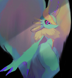 ambiguous_gender anthro antlers biped black_sclera chest_tuft colored_nails countershading digitigrade fingernails fluffy fluffy_tail fur head_wings horn huge_wings mouthless multicolored_body multicolored_eyes multicolored_fur nails neck_tuft nude_anthro orange_body orange_fur pink_eyes pupils purple_fingernails purple_nails solo tail tan_body tan_fur teal_body teal_eyes teal_fur thick_thighs three-quarter_view tuft unusual_wing_placement wings gemini_kirby kirby_(series) nintendo fecto_elfilis alien chinchilla chinchillid mammal rodent starling_(kirby) digital_drawing_(artwork) digital_media_(artwork) digital_painting_(artwork) painting_(artwork)