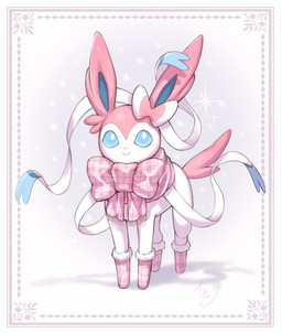 ambiguous_gender blue_eyes booties bow_(anatomy) clothing feral footwear fur looking_at_viewer pink_body pink_fur ribbons_(anatomy) scarf shoes simple_background smile smiling_at_viewer snow snowflake solo tail white_body momu_shi_36 nintendo pokemon eeveelution generation_6_pokemon pokemon_(species) sylveon 2025 absurd_res hi_res signature
