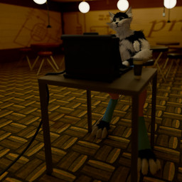 4_toes ambiguous_gender anthro athletic athletic_anthro black_body black_fur cheek_tuft clothing coffee_shop computer container cup depth_of_field dim_lighting ear_tuft electronics facial_tuft feet footwear footwear_only fur furniture green_eyes grey_body grey_fur head_tilt lgbt_pride lojban_description long_fur long_legs looking_up mostly_nude pride_colors public schematic sitting_at_table socks socks_only solo table toes transgender_pride_colors tuft whiskers white_body white_fur wistful varik_valefor public_domain vunc_(varik_valefor) 1:1 2026 3d_(artwork) absurd_res blender_(artwork) digital_drawing_(artwork) digital_media_(artwork) gimp_(artwork) hi_res krita_(artwork) agender_(lore)