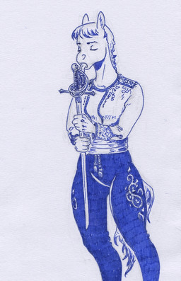 anthro clothed clothed_anthro clothing female holding_object licking melee_weapon rapier simple_background solo sword tail tongue weapon adeptus-monitus equid equine horse mammal pony pen_(artwork) traditional_media_(artwork)