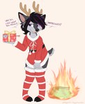 anthro antlers bow_ribbon burning christmas_clothing clothing costume dialogue ears_up femboy fire gift gift_tag holding_gift holding_object holidays hooves horn leggings legwear lies looking_at_viewer male open_mouth price_tag santa_costume snowflake solo higglytownhero christmas deer mammal hi_res