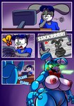 2022 animatronic anthro big_breasts blue_body breasts buckteeth clothed clothed/nude clothed_male clothing comic digital_media_(artwork) duo english_text eyewear female fingers five_nights_at_freddy's five_nights_at_freddy's_2 genitals glasses green_eyes grey_body hi_res huge_breasts lagomorph leporid machine male mammal nipples nude open_mouth protagon pussy rabbit robot scottgames teeth text tongue toy_bonnie_(fnaf)