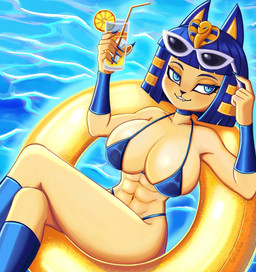 abs anthro armor beverage big_breasts bikini blue_bikini blue_bracers blue_clothing blue_eyes blue_hair blue_swimwear bracers breasts cleavage clothed clothing container crossed_legs cup drinking_glass egyptian egyptian_clothing egyptian_headdress eyewear eyewear_on_head female fur glass glass_container glass_cup hair holding_beverage holding_container holding_cup holding_drinking_glass holding_object knee_highs legwear muscular muscular_female smile solo sunglasses sunglasses_on_head swim_ring swimwear two-piece_swimsuit water yellow_body yellow_fur yussidian animal_crossing nintendo ankha_(animal_crossing) domestic_cat felid feline felis mammal 2024 hi_res