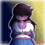 big_breasts bottomwear breast_jiggle breasts chalk cleavage clothed clothing denim denim_bottomwear denim_clothing female glowing glowing_eyes hair hair_over_eye hand_on_breast jacket jeans jiggling long_hair looking_at_viewer one_eye_obstructed pants purple_body purple_hair purple_skin sharp_teeth shirt solo tank_top teeth topwear arcaneplaza deltarune undertale_(series) susie_(deltarune) scalie 1:1 animated short_playtime