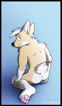 anthro blue_eyes butt fur gradient hair hand_on_leg male nude orange_body orange_fur pawpads shadow solo tan_body tan_fur text white_body white_fur white_hair vir-no-vigoratus avery_(vir-no-vigoratus) canid canine canis domestic_dog herding_dog mammal pastoral_dog welsh_corgi url