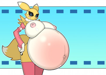anthro areola armband big_breasts black_sclera blue_eyes breast_rest breasts clothing female footwear fur hands_on_hips huge_breasts hyper hyper_pregnancy knee_highs knee_socks legwear looking_at_viewer navel neck_tuft outie_navel pink_areola pregnant red_cross socks solo tail tuft yellow_body yellow_fur gunbangjindog bandai_namco digimon canid digimon_(species) mammal renamon digital_media_(artwork) hi_res