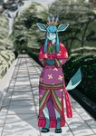 3_toes 4_fingers anthro asian_clothing blue_body blue_hair blurred_background branch breasts cape clothing east_asian_clothing feet female fingers flower footwear green_body green_ears green_eyes hair hands_in_front happy headgear headwear holowear_(pokemon) japanese_clothing kimono looking_at_viewer park plant raised_tail red_cape red_clothing sandals shoes shrub smile solo standing tail toes tree quake-1 nintendo pokemon pokemon_unite eeveelution generation_4_pokemon glaceon pokemon_(species) absurd_res hi_res