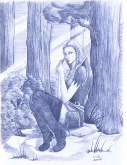 armor boots braided_hair clothed clothed_female clothed_humanoid clothing female footwear forest forest_background fully_clothed fully_clothed_female fully_clothed_humanoid grass hair holding_own_hair humanoid_pointy_ears long_hair looking_at_viewer nature nature_background not_furry plant pointy_ears shoes shrub sitting solo tree sabrina_pohle sacred_(video_game) sacred_(video_game_series) thq_nordic maegalcarwen elf humanoid wood_elf 2004 blue_and_white dated hi_res monochrome pen_(artwork) signature traditional_media_(artwork)