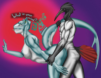 anthro breasts duo feathers female hair male male/female nipples nude penetration sex simple_background tail text tongue alester_nibras aquatic avian bird fish shark absurd_res digital_media_(artwork) hi_res huge_filesize superabsurd_res