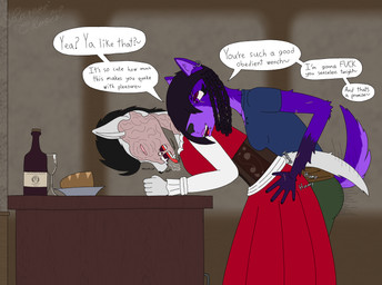 anthro arm_scar bedroom_eyes bent_over bent_over_furniture big_breasts blurred_background bottomwear bread breasts breath burn_scar clothed clothing container corset cup dialogue dirty_talk dreadlocks dress drinking_glass dry_humping duo ear_piercing ear_ring eye_scar eyeshadow facial_piercing facial_scar fangs fantasy female female/female food frilly frilly_clothing fully_clothed glass glass_container glass_cup gums hair hair_over_eye hand_scar hip_grab inside interior_background larger_sub lingerie lip_piercing lipstick looking_pleasured makeup mohawk motion_lines narrowed_eyes notched_ear open_mouth open_smile panting pants piercing plate profanity ring_piercing scar seductive shirt side_view size_difference smile smirk snakebite_piercing speech_bubble submissive tail tail_motion tailwag teasing teeth text tongue tongue_out topwear torogao verbal_domination whimper wine_bottle wine_glass sharess'_chosen luna_oliver shandi_opalla canid canine canis mammal wolf 2026 absurd_res digital_drawing_(artwork) digital_media_(artwork) english_text hi_res signature