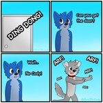 4_panel_comic animal_noises anthro arf asking asking_for_favor barking base_two_layout biped black_nose blue_body blue_ears blue_fur blue_hair blue_tail brown_eyes chest_tuft collar command command_to_wait dialogue different_sound_effects door doorbell doorknob duo floppy_ears four_frame_grid four_frame_image fur grey_body grey_fur grey_hair grey_tail grid_layout hair male monotone_hair multicolored_body multicolored_fur name_drop name_in_dialogue one_eye_closed onomatopoeia question regular_grid_layout sound_effects tail talking_to_another text tuft two_row_layout two_tone_body two_tone_fur two_tone_tail white_body white_ears white_fur white_tail yes-no_question broitscody cody_(broitscody) logan_(broitslogan) canid canine canis domestic_dog husky mammal nordic_sled_dog spitz wolf 1:1 2021 comic english_text hi_res watermark