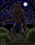 4_toes 5_fingers abs anthro athletic athletic_anthro athletic_male backlighting bared_teeth basketball_shorts black_claws black_lips black_nose brown_body brown_fur chest_tuft claws clothed clothing digitigrade feet finger_claws fingers forest full_moon fur head_tuft light lips logo male mane moon night open_mouth outside path paws plant shrub sky solo standing teeth text toe_claws toes tongue topless torn_shoes tree tuft yellow_eyes ravenfire5 goosebumps goosebumps_(movie) mythology werewolf_of_fever_swamp canid canine mammal mythological_canine mythological_creature were werecanid werecanine werewolf artist_logo artist_name english_text lighting shaded