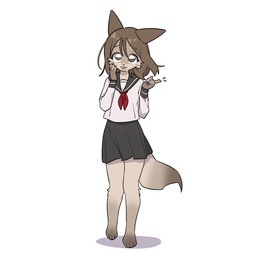 anthro asian_clothing black_bottomwear black_clothing black_skirt bottomwear bow_tie brown_ears brown_hair brown_tail_tip clothing dipstick_tail east_asian_clothing female fur grey_eyes hair japanese_clothing japanese_school_uniform kemono looking_at_viewer markings no_shoes red_bow_tie school_uniform serafuku skirt solo tail tail_markings tan_body tan_fur uniform whiskers white_blouse young yeeny felid feline mammal 1:1 hi_res