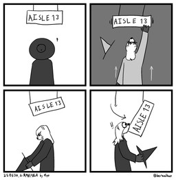 4_panel_comic clothing falling_object fur grocery_store hat headgear headwear long_sleeves looking_up multicolored_body multicolored_fur object_on_head open_mouth paws shirt sign simple_background text toony topwear white_body white_fur witch_hat borealhao lamapola vinea_(lamapola) domestic_ferret mammal mustelid musteline true_musteline weasel 4koma black_and_white comic greyscale hi_res monochrome