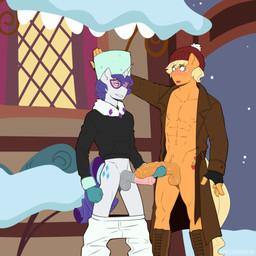 abs animal_genitalia animal_penis anthro balls beanie blush boots brown_clothing brown_coat brown_topwear clothing coat crossgender cutie_mark duo equine_genitalia equine_penis eyewear fingerless_gloves footwear freckled_face freckles ftm_crossgender genitals gloves handwear hat headgear headwear hoodie horn jacket knee_boots knee_highs legwear male male/male medial_ring muscular muscular_anthro muscular_male pecs penis quads shoes sunglasses topwear trenchcoat v-cut shallowwin friendship_is_magic hasbro my_little_pony mythology applejack_(mlp) rarity_(mlp) earth_pony equid equine horse mammal mythological_creature mythological_equine pony unicorn 1:1 hi_res remake