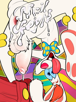 anthro anus balls bent_over bodily_fluids bottomwear bottomwear_down bow_(feature) bow_tie buckteeth butt clothed clothing cum cum_from_ass cum_in_ass cum_inside cum_on_butt cum_string ejaculation feet foreskin fur gaping gaping_anus genital_fluids genitals gloves half-erect handwear humanoid_genitalia humanoid_penis leaking_cum looking_at_viewer male nipples nude open_mouth pants pants_down partially_clothed penis smile solo spread_legs spreading tail teeth tight_foreskin tongue tongue_out hairlessboyblunder disney who_framed_roger_rabbit roger_rabbit lagomorph leporid mammal rabbit 3:4 digital_media_(artwork) hi_res