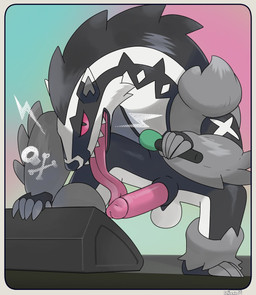 amplifier animal_genitalia balls black_body black_fur dipstick_ears ear_markings electronics emanata erection feral fur genitals grey_body grey_fur humanoid_genitalia humanoid_penis hybrid_genitalia hybrid_penis long_tongue looking_at_viewer male microphone multicolored_ears on_style open_mouth penis rock_out_with_your_cock_out sharp_teeth sheath sheathed_humanoid_penis solo stage teeth tongue tongue_out white_body white_fur korichi nintendo pokemon generation_8_pokemon obstagoon pokemon_(species) alternate_version_at_source hi_res