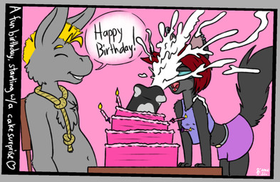 animal_genitalia animal_penis anthro black_penis blonde_eyebrows blonde_mane bodily_fluids border bottomwear breasts cake candle chair chest_tuft clothed clothing cum cum_explosion dessert duo ear_piercing equine_genitalia equine_penis eyebrows eyewear fangs female fingers fire food furniture genital_fluids genitals glasses grey_border hair male mane navel nipple_outline open_mouth penis piercing pink_background red_hair red_tongue rope shirt simple_background sitting skirt small_breasts standing table tail tail_under_skirt teeth text tongue topwear tuft wearing_glasses young sen_grisane_(artist) sherly_karu asinus canid canine donkey equid equine mammal english_text hi_res