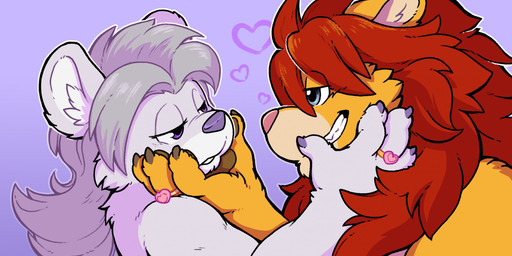 anthro biped blue_eyes close-up countershade_fur countershading duo eye_contact female fur grey_body grey_hair hair hand_on_another's_head looking_at_another male nude orange_body orange_fur purple_eyes purple_nose red_hair ring romantic smile tan_body tan_countershading katzenfaust leo_caron_(asherfox94) leo_trinity_(asherfox94) felid lion mammal pantherine 2023 colored hi_res