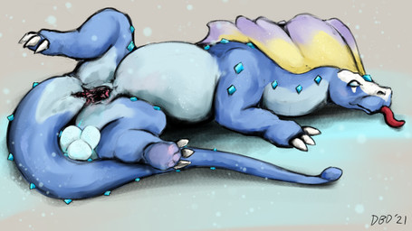 animal_genitalia anus belly cloaca crystal egg empty_eyes female feral gaping gaping_anus gaping_cloaca gaping_vagina genitals lying on_side oviposition presenting presenting_cloaca raised_leg slightly_chubby solo tongue tongue_out vulva diamondbackdrake nintendo pokemon aurorus fossil_pokemon generation_6_pokemon pokemon_(species) 16:9 hi_res widescreen