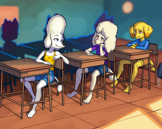 anthro arm_on_chair blue_bottomwear blue_button-down_shirt blue_clothing blue_eyes blue_shorts bottomwear brown_bottomwear brown_clothing brown_shorts chair clothed clothing denim denim_bottomwear denim_clothing denim_shorts desk detailed_background dress female furniture group inside looking_at_another looking_back on_chair purple_clothing purple_shirt purple_topwear school shirt shorts sitting sitting_on_chair smile smiling_at_another table tail tail_tuft topwear tuft white_body white_skin yellow_body yellow_clothing yellow_dress yellow_skin diacordst 20th_century_fox 20th_century_studios housebroken nickelodeon paw_patrol delores_(paw_patrol) honey_(housebroken) canid canine canis domestic_dog mammal poodle hi_res