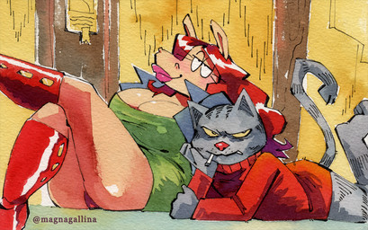 anthro bottomless bottomless_female breasts brown_body brown_fur cigarette clothed clothing curvy_figure duo female fur genitals grey_body grey_fur lips male male/female slightly_chubby striped_body striped_fur stripes thick_lips voluptuous vulva yellow_eyes magnagallina fritz_the_cat fritz_the_cat_(character) harriet_(fritz_the_cat) domestic_cat equid equine felid feline felis horse mammal