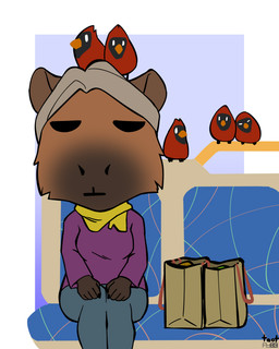 anthro blue_bottomwear blue_clothing blue_pants bottomwear breasts brown_body brown_fur bus bus_seat chibi clothed clothing commercial_vehicle female fully_clothed fur grey_hair groceries grocery_bag hair pants purple_clothing purple_shirt purple_topwear scarf shirt simple_background sitting solo topwear vehicle yellow_scarf foxboy83 tootaloo vixen_logic avian bird capybara cardinal_(bird) caviid mammal northern_cardinal oscine passerine rodent 4:5 colored digital_drawing_(artwork) digital_media_(artwork) flat_colors hi_res