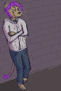 against_surface against_wall anthro blue_bottomwear blue_clothing blue_pants bottomwear brick_wall closed_smile clothing hair male mouth_closed one_eye_closed pants purple_hair smile solo tan_clothing tan_shirt tan_topwear topwear wall_(structure) wink demensa felid lion mammal pantherine 2019 2:3 digital_media_(artwork) pixel_(artwork)