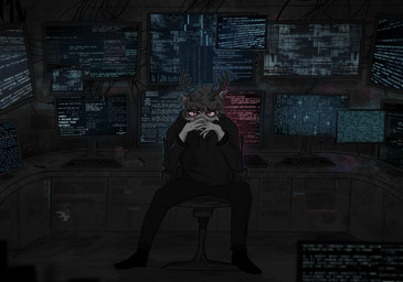 2_horns 4_ears 5_fingers anthro antlers beverage biped black_body black_bottomwear black_clothing black_footwear black_hair black_hoodie black_nose black_pants black_shirt black_shoes black_topwear bottomwear brown_body brown_fur brown_hair brown_horn chair clothed clothed_anthro clothed_male clothing computer computer_keyboard computer_monitor container countershading covering covering_mouth covering_own_mouth covering_self cup desk detailed_background electronics evil_look eyebrows eyewear fingers fluffy footwear front_view fully_clothed fur furniture glasses glowing glowing_eyes grey_body grey_fur grey_hair grey_horn hacker hair hoodie horn inner_ear_fluff inside keyboard light looking_at_viewer male male_anthro monitor mug multi_ear multicolored_body multicolored_fur on_chair pants pen pink_eyes purple_eyes screen shirt shoes short_hair sitting sitting_on_chair solo spread_legs spreading table text topwear tuft tufted_fur white_body white_fur grifon fyr_(fenrir784) gooddeer avali avian bird deer mammal new_world_deer reindeer 2026 absurd_res colored detailed digital_drawing_(artwork) digital_media_(artwork) english_text full-length_portrait hi_res portrait shaded