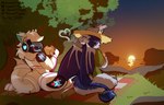 anthro armor blue_insides blue_light bottomless clothed clothing duo fluffy fluffy_tail food forest forest_background fur hat headgear headwear lake lakeside machine male male/male membrane_(anatomy) membranous_wings multi_ear nature nature_background picnic picnic_blanket plant protogen_armor protogen_visor purple_body purple_fur red_light romantic romantic_ambiance romantic_couple sandwich_(food) shirt shirt_only smoke_heart sun_hat sunset tail topwear topwear_only tree white_armor white_body white_fur wings howzit_toyah mythology mayvont alien dragon furred_dragon furred_scalie hybrid mythological_creature mythological_scalie protogen scalie hi_res