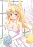 armwear bare_shoulders blonde_hair blue_eyes blush bouquet breasts cleavage clothed clothing dress elbow_gloves female flower gloves hair handwear jewelry long_hair necklace plant solo tail wedding_dress window yuu_(yu0221f) animal_humanoid canid canid_humanoid canine canine_humanoid fox fox_humanoid humanoid mammal mammal_humanoid hi_res