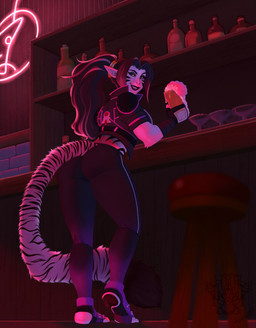 alcohol bar beverage clothing female fluffy fluffy_tail fur hair holding_glass holding_object long_ears long_hair long_tail looking_at_viewer markings neon_lights pawpads pointy_ears ponytail solo striped_body striped_fur striped_markings stripes tail tight_clothing flabberd animal_humanoid felid felid_humanoid humanoid mammal mammal_humanoid pantherine pantherine_humanoid tiger_humanoid