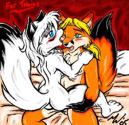 anthro anthro_on_anthro balls bed bedding bedroom butt duo female from_front_position furniture genitals gloves_(marking) inside male male/female markings mastery_position moan on_bed on_lap on_top rear_view sex sitting sitting_on_bed sitting_on_lap straddling tail atmongoose kit_airheart tobias_(fox) canid canine fox mammal digital_media_(artwork) oekaki