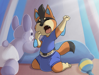 anthro big_diaper clean_diaper clothed clothing diaper diaper_peekage diaper_under_clothing front_view male open_mouth solo waking_up wearing_diaper yawn young baltnwolf hybrid hi_res