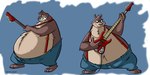 anthro barefoot belly belly_tuft big_belly blue_bottomwear blue_clothing blue_pants bottomwear brown_body brown_fur chest_tuft clenched_teeth clothing electric_guitar feet fur guitar huge_belly male multiple_poses musical_instrument obese obese_anthro obese_male overalls_only overweight overweight_anthro overweight_male pants playing_music plucked_string_instrument pose simple_background solo standing string_instrument tan_body tan_fur teeth tuft dutch_(artist) clem_(dutch) bear mammal hi_res