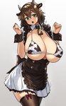 animal_print big_breasts blush bra breasts clothed clothing cow_print cowbell cuffs_(clothing) ear_piercing ear_tag female garter_belt garter_straps green_eyes grey_background horn hucow huge_breasts legwear light_body light_skin maid_uniform nipple_outline number numbered_ear_tag numbered_tag open_mouth piercing simple_background solo squish thigh_highs thigh_squish underwear uniform houtengeki animal_humanoid bovid bovid_humanoid bovine bovine_humanoid cattle_humanoid humanoid mammal mammal_humanoid 2021 hi_res