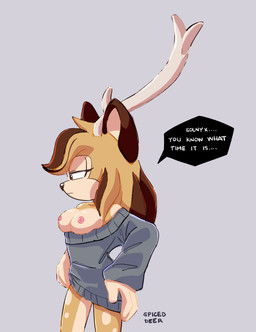 anthro antlers areola bottomless breasts clothed clothing countershade_torso countershading exposed_breasts female hair half-closed_eyes horn multicolored_hair narrowed_eyes nipples oversized_clothing pointy_ears solo speech_bubble spots standing sweater sweater_only talking_to_another text topwear topwear_only spiced_deer sega sonic_the_hedgehog_(series) fan_character kimber_(spiced_deer) kimber_manawari cervine deer mammal visayan_spotted_deer absurd_res english_text hi_res signature