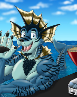anthro blue_body blue_eyes blue_skin body_hair chest_hair dockyard dorsal_fin facial_hair fin goatee macro male membrane_(anatomy) muscular muscular_male pawpads sea ship size_difference solo striped_body stripes tail truck vehicle water watercraft webbed_hands flameyverdantfire nintendo pokemon mack_roe_(flameyverdantfire) canid canine eeveelution generation_1_pokemon mammal pokemon_(species) vaporeon absurd_res hi_res