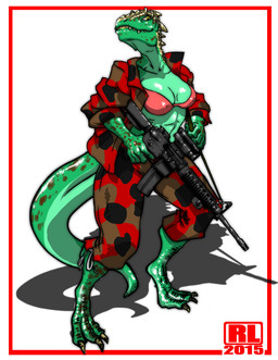 anthro ar-15 banana_magazine bra breasts camo claws cleavage clothed clothing fangs female green_body green_scales gun horn jacket looking_at_viewer non-mammal_breasts open_clothing open_mouth open_shirt open_topwear ranged_weapon rifle rifle_sling scales scope shirt simple_background solo spines stoner_rifle tail teeth topwear underwear weapon white_background year yellow_eyes o0-rock-leone-0o allosaurid allosaurus dinosaur prehistoric_species reptile scalie theropod 2015