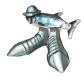 ambiguous_gender anthro armor biped blue_body blue_scales chinstrap clothed clothed_anthro clothing feral fin gills grey_body grey_scales headgear helmet sabatons scales side_view simple_background solo standing white_background yellow_sclera stivkun aquatic cyprinid cypriniform fish minnow
