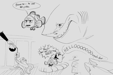 beverage blowhole coffee container coral_reef cup dialogue female feral fin gills group male open_mouth pouring shark_teeth shocked talking_feral tentacles text chainsxwsmile disney finding_dory finding_nemo pixar bruce_(finding_nemo) hank_(finding_dory) marlin_(finding_nemo) acanthurid anthozoan aquatic baleen_whale cetacean clownfish cnidarian coral fish giant_pacific_octopus great_white_shark mackerel_shark mammal pomacentrid regal_tang shark whale white_shark 2022 english_text hi_res monochrome sketch watermark