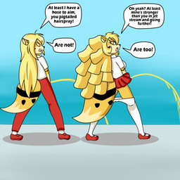 adolescent angry anthro argument back_and_forth bodily_fluids bottomwear butt clothed clothing duo female female_peeing fur genital_fluids hair insult leggings leggings_around_legs leggings_down legwear male male_peeing markings open_mouth peeing peeing_together pissing_contest power_pissing school_uniform sibling_rivalry simple_background spots tail text uniform urine urine_stream young young_anthro young_female young_male daceking rascals kimmy_nash nate_nash animal_humanoid canid canine canis domestic_dog felid felid_humanoid humanoid hybrid jaguar jaguar_humanoid mammal mammal_humanoid pantherine pantherine_humanoid 1:1 digital_media_(artwork) english_text hi_res brother_(lore) brother_and_sister_(lore) sibling_(lore) sister_(lore)