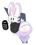 anthro big_butt bodily_fluids butt clothing dialogue femboy hoodie huge_butt leaning_over looking_at_viewer male nervous_smile nervous_sweat question smile solo speech_bubble sweat sweater text thick_thighs thong topwear underwear konaditto lagomorph leporid mammal rabbit absurd_res hi_res