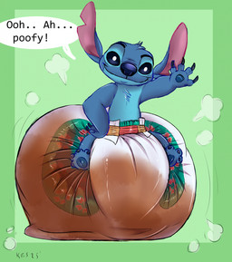 anthro blue_body blue_fur chest_tuft dialogue diaper feces fur male soiled_diaper soiling solo text tuft unclean_diaper used_diaper kestrelslitterbox disney lilo_and_stitch stitch_(lilo_and_stitch) alien mammal hi_res