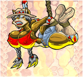 anthro belt big_breasts black_hair bodily_fluids boots bottomwear bound breasts brown_body brown_eyes brown_fur clothing crop_top female footwear fur gloves hair handwear hat headgear headwear lips rope shirt shoes shorts solo sweat tan_body tan_fur teeth topwear virus-20 june_coyote canid canine canis coyote mammal 2016 digital_media_(artwork)