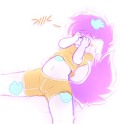 anthro belly blush bottomwear bulge clothed clothing clothing_lift covering covering_face disembodied_hand embarrassed ghost_hand hair male navel purple_hair shirt shirt_lift shorts shy solo spread_legs spreading topwear underwear milezy canid canine fox mammal hi_res
